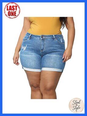 High Waisted Ripped Denim Shorts for Women Plus Size Stretchy Folded Hem